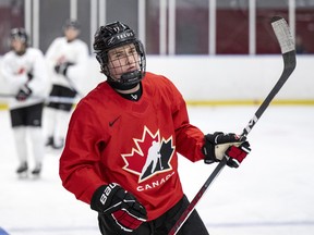 Macklin Celebrini in action during Canada's team training in Limhamns Ice Hall in Malmo, Sweden.