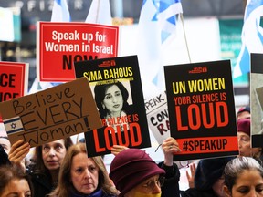 Protestors gather at the offices of the United Nations Women in New York City on Nov. 27, 2023.
