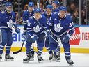 Auston Matthews of the Toronto Maple Leafs skates back to the bench after scoring the tying goal sending the game to overtime against the Boston Bruins in an NHL game at Scotiabank Arena on December 2, 2023 in Toronto. The Bruins defeated the Maple Leafs 4-3 in overtime.