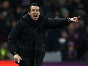 Aston Villa's Spanish head coach Unai Emery gestures on the touchline during the English Premier League football match between Aston Villa and Manchester City at Villa Park in Birmingham, central England on December 6, 2023.