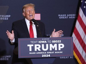 Republican presidential candidate, former President Donald Trump speaks during a campaign event at the Hyatt Hotel on Dec. 13, 2023 in Coralville, Iowa.