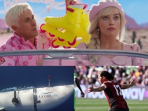 Clockwise from top: Ryan Gosling and Margot Robbie in a scene from Barbie, Christine Sinclair celebrating goal at Womens World Cup, Titan submersible.
