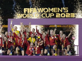 FIOLE - Spain players celebrates after winning the Women's World Cup soccer final against England at Stadium Australia in Sydney, Australia, Sunday, Aug. 20, 2023. The U.S. Soccer Federation and Mexico Football Federation submitted a joint bid to host the 2027 Women's World Cup, competing against an expected proposal from Brazil and a joint Germany-Netherlands-Belgium plan.