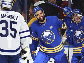 Sabres' Jordan Greenway celebrates after his goal against the Maple Leafs, Thursday, Dec. 21, 2023, in Buffalo.