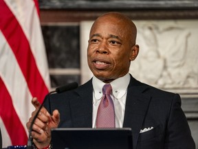 Mayor Eric Adams speaks during a press conference at City Hall in New York, Tuesday, Dec. 12, 2023.