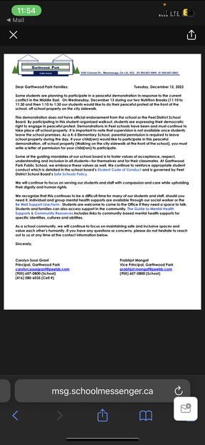 This was the letter the Peel District School Board sent out to parents about the student protest at the Garthwood Park Public School in Mississauga