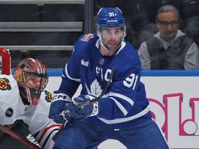 Maple Leafs captain John Tavares in action against the Blackhawks at Scotiabank Arena in Toronto, Oct. 16, 2023.