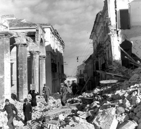 Civilians begin to walk the streets again after the Battle of Ortona. Of a pre-war population of 10,000 some 1,314 were killed in the fighting.