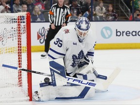Toronto Maple Leafs' Ilya Samsonov makes a save against the Columbus Blue Jackets during the second period of an NHL hockey game Friday, Dec. 29, 2023, in Columbus, Ohio.
