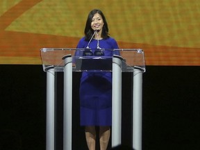 Boston Mayor Michelle Wu speaks at the 114th National Association for the Advancement of Colored People's national convention in Boston, July 29, 2023.