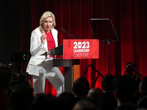 Incoming Ontario Liberal Party Leader Bonnie Crombie speaks to party members after winning the Ontario Liberal leadership election, in Toronto, Saturday, Dec. 2, 2023.