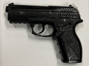 Jerome Edwards, 23, was allegedly in possession of this imitation firearm when he was arrested for a bank robbery in Mississauga on Thursday, Dec. 7, 2023.
