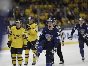 Finland's Tommi Mannisto scores 0-1 during the IIHF World Junior Championship group A ice hockey match between Sweden and Finland at Scandinavium in Gothenburg, Sweden, Sunday, Dec. 31, 2023.