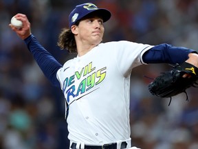 Tyler Glasnow of the Tampa Bay Rays pitches during a game against the Atlanta Braves at Tropicana Field on July 7, 2023 in St. Petersburg, Fla.