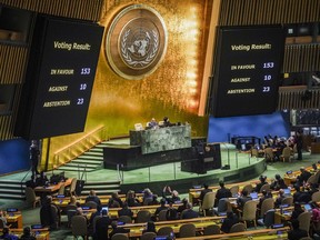 Display monitors show the result of voting in the United Nations General Assembly.