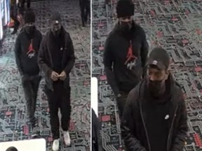 York Regional Police released these images taken from a security camera of two suspects after a Vaughan movie theatre was sprayed with an unknown substance this week.
