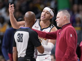 Denver Nuggets forward Aaron Gordon argues after being called for a foul.