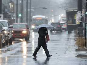 A pedestrian shields themselves from rain and wind during a rainfall warning in Halifax on Thursday, Jan. 26, 2023.