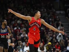 Raptors' Scottie Barnes reacts during a game against the Detroit Pistons in Toronto, Sunday, Nov. 19, 2023.