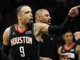 Houston Rockets' Dillon Brooks (9) yells to an official after being ejected during the second half of an NBA basketball game against the Milwaukee Bucks, Sunday, Dec. 17, 2023, in Milwaukee. The NBA has fined Brooks US$35,000 for directing inappropriate language toward a game official and publicly criticizing officiating.THE CANADIAN PRESS/AP/Aaron Gash