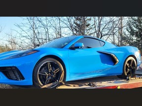 This allegedly stolen 2024 Chevrolet Corvette was tracked using GPS to a Caledon residence where OPP officers then discovered a suspected re-vinned 2019 GMC Sierra on Friday, Dec. 15, 2023.