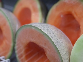 Cantaloupe halves are displayed for sale at a supermarket in New York on Tuesday, Dec. 12, 2023.