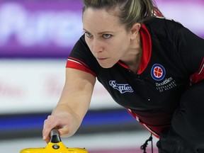 Ontario fourth Rachel Homan delivers a rock while playing New Brunswick at the Scotties Tournament of Hearts in Kamloops, B.C. on Thursday, February 23, 2023.