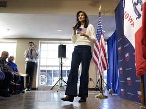 Republican presidential candidate Nikki Haley speaks during a town hall, Monday, Dec. 18, 2023, in Nevada, Iowa.