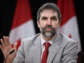 Minister of Environment and Climate Change Steven Guilbeault speaks during a news conference in Ottawa, on Monday, Nov. 20, 2023.