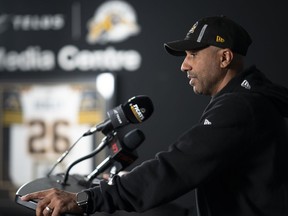 The Hamilton Tiger-Cats announced a major restructuring plan Tuesday, with president of football operations Orlondo Steinauer relinquishing his head coaching duties and the promotion of Ed Hervey to general manager. Steinauer during a media availability in Hamilton, Ont., Monday, Nov. 6, 2023.THE CANADIAN PRESS/Peter Power