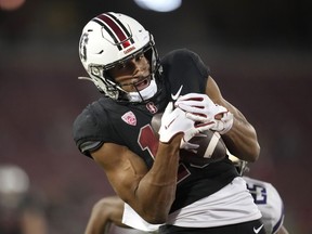 Stanford wide receiver Elic Ayomanor catches a touchdown pass against Washington during the second half of an NCAA college football game in Stanford, Calif., on October 28, 2023.