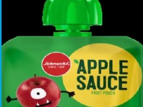 This image provided by the U.S. Food and Drug Administration on Thursday, Nov. 17, 2023, shows one of three recalled applesauce products - Schnucks-brand cinnamon-flavoured applesauce pouches and variety pack.