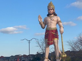 Statue of Hindu god Hanuman, which stands 55-feet-tall outside a temple in Brampton.