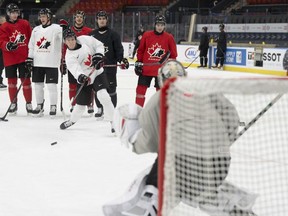 Canada's Nate Danielson (9) takes a shot on goal during practice at the Scandinavium arena prior to the start of the IIHF World Junior Hockey Championship in Gothenburg, Sweden on Monday, Dec. 25, 2023. Canada will face Finland in their first game on Dec. 26.