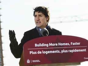 Prime Minister Justin Trudeau delivers remarks during a housing announcement in Ajax on Thursday, Nov. 30, 2023.