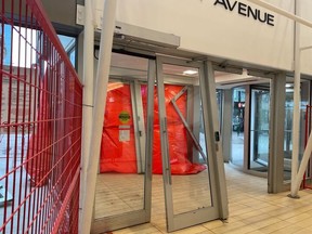 An entrance to Cornwall Centre in Regina was damaged in the early hours of Dec. 16 after a stolen taxi was driven into the mall.