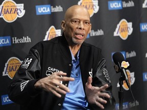 Kareem Abdul-Jabbar speaks during a news conference prior to an NBA basketball game between the Los Angeles Lakers and the Milwaukee Bucks Thursday, Feb. 9, 2023, in Los Angeles. Kareem Abdul-Jabbar fell at a concert in Los Angeles and broke his hip. The NBA Hall of Famer was attending a show Friday night Dec. 15, 2023 when he was injured. Paramedics at the undisclosed venue responded and the 76-year-old was transported to a hospital for treatment.