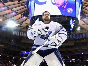 Martin Jones of the Toronto Maple Leafs prepares to tend net against the New York Rangers at Madison Square Garden on Dec. 12, 2023 in New York City.