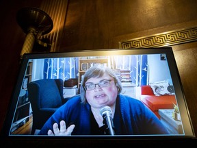 FILE - Joan Donovan, then-research director of the Shorenstein Center on Media, Politics and Public Policy, speaks remotely during a hearing of the Senate Judiciary Subcommittee on Privacy, Technology, and the Law, on Capitol Hill, April 27, 2021, in Washington. The prominent disinformation scholar who left Harvard University in August 2023 has accused the school of muzzling her speech and stifling -- then dismantling -- her research team as it launched a deep dive in late 2021 into a trove of Facebook files she considers the most important documents in internet history.