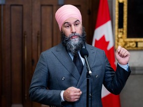 NDP Leader Jagmeet Singh speaks to reporters on Parliament Hill in Ottawa on Tuesday, Nov. 21, 2023. Singh is ruling out the possibility of forming a coalition government with the Liberals if no party wins a clear majority after the next federal election.