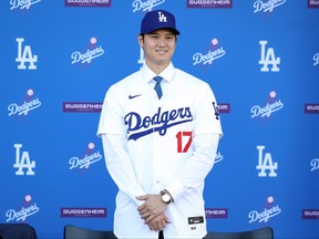 Shohei Ohtani is introduced by the Los Angeles Dodgers at Dodger Stadium on Dec. 14, 2023 in Los Angeles, Calif.