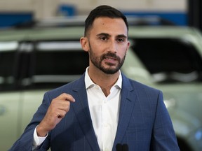 Ontario Education Minister Stephen Lecce delivers remarks at Lakeshore Collegiate Institute in Toronto, on Thursday, Aug. 31, 2023.