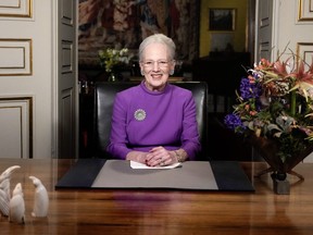 Queen Margrethe II of Denmark gives a New Year's speech from Christian IX's Palace, Amalienborg Castle, in Copenhagen, Denmark, on Dec. 31, 2023, announcing her upcoming abdication.