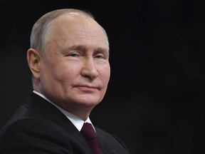 Russian President Vladimir Putin attends his annual news conference in Moscow, Russia, Thursday, Dec. 14, 2023.