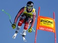 Broderick Thompson, of Canada, skis down the hill during practice runs for the FIS Alpine Skiing World Cup, in Lake Louise, Alta., Thursday, Nov. 24, 2022. Thompson is in hospital with head injuries after falling during training ahead of this weekend's World Cup races in Beaver Creek, Col.