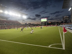 Toronto FC plays Nashville FC under the lights of BMO Field during MLS action in Toronto on Sunday, Aug. 1, 2021. Toronto FC has traded the first overall pick in the league's re-entry process to Austin FC for Austin's No. 5 position plus a third-round draft pick.