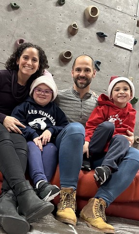 The Guzzo/Leblanc-Beaudoin clan at the Variety Village climbing wall: Stella, 7, with her mom Christina, dad Tommy, and brother Leo.