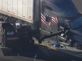 Texas police are seen ripping apart the cab of a tractor trailer after the truck's driver led police on a slow highway chase that shut down the road for hours.