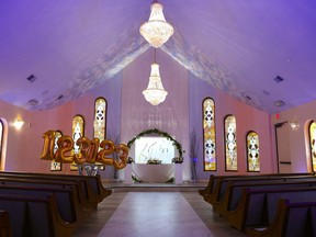 Decorations adorn The Wedding Chapel at Vegas Weddings on Tuesday, Dec. 19, 2023, in Las Vegas.