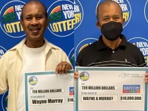 Wayne Murray from Brooklyn, N.Y., winner of two $10-million scratch lottery tickets in 2022, left, and 2023.
